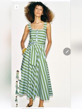 Zara Green and Light Blue Striped Midi Dress with Waist Tie